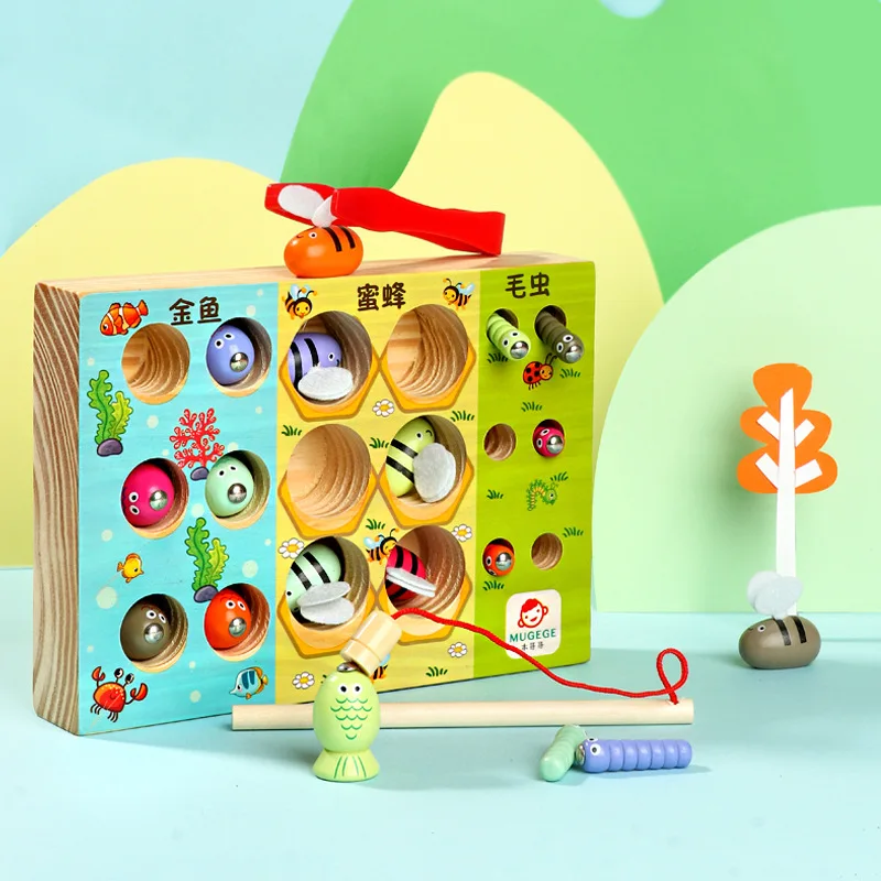 

Hot Wooden Fishing Educatinal Toys Children Montessori Early Education Beehive Game Childhood Color Cognitive Clip Small Bee Toy