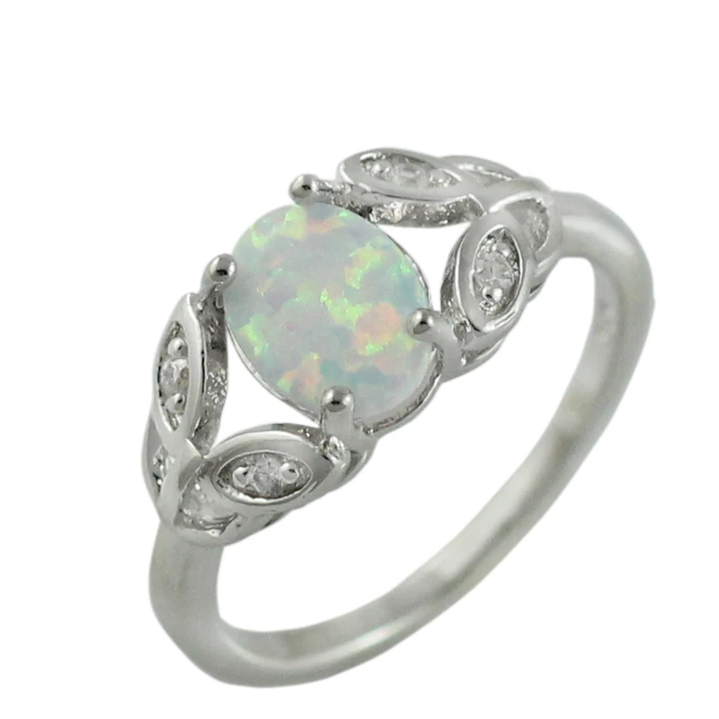 Овальный белый/синий огненный опал посеребренные кольца для женщин Размер 6 7 8 9 10