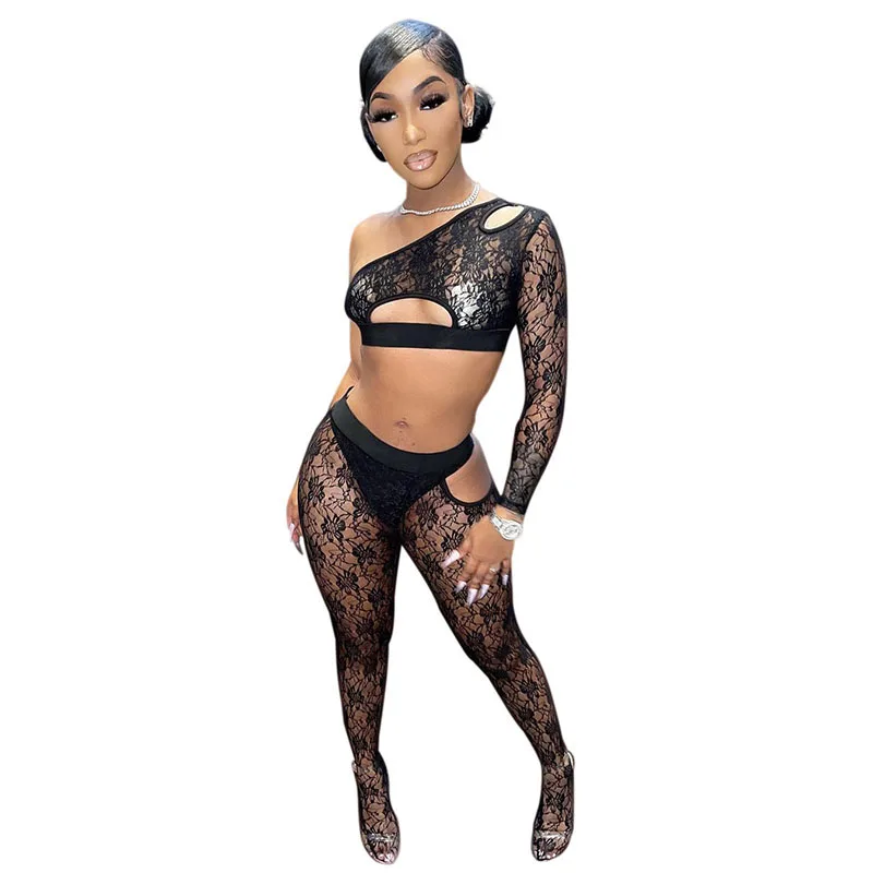 

Wishyear Sexy Mesh Sheer Lace 2 Piece Set One Shoulder Long Sleeve Crop Top Bodycon Pants Women Summer Club Outfits Matching Set