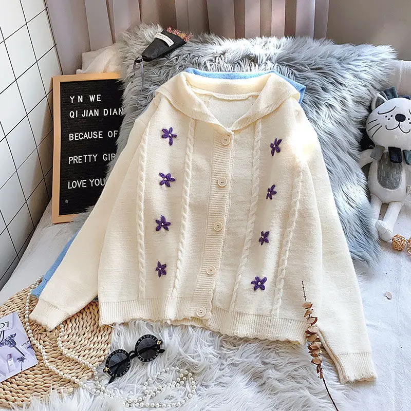 

2021 New Preppy Style Knit Cardigans Sweater Women V Neck Loose Elegant Thick Pull Femme Print Short Casual Coat Y151