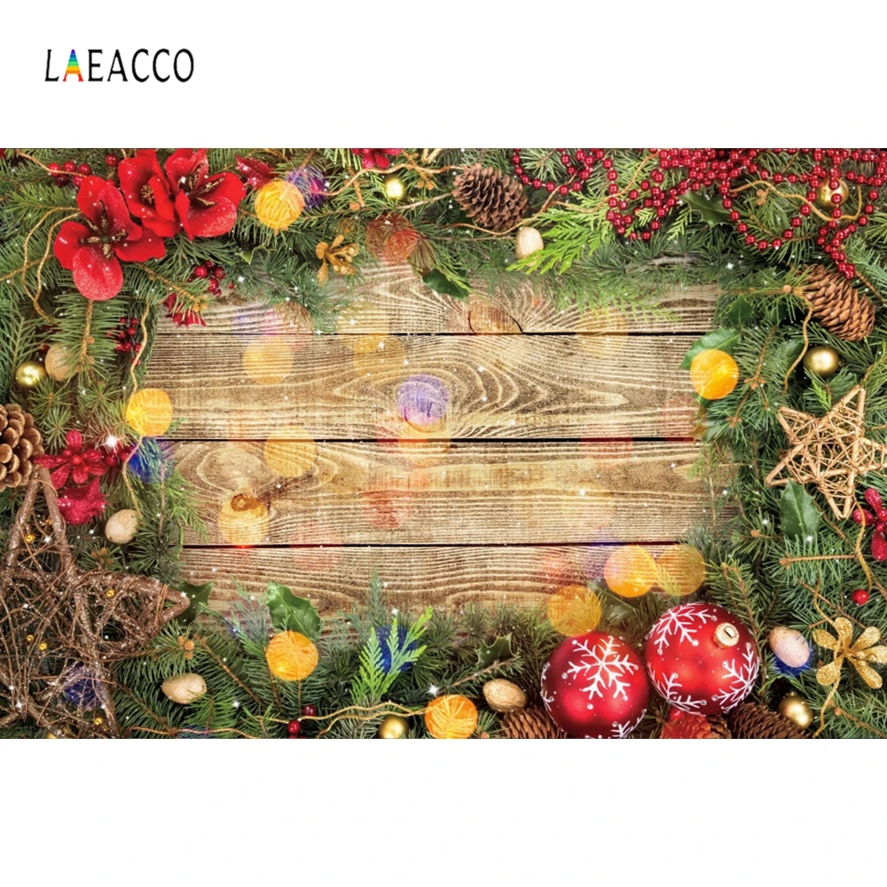 

Laeacco Christmas XMAS New Year Party Photo Backdrop Pine Colored Balls Bokeh Light Photography Background For Photo Studio
