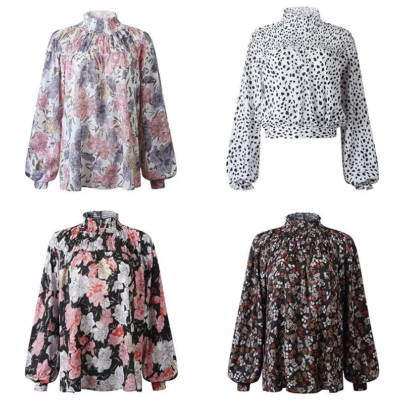 

Women Sexy Loose Casual Chiffon Top Summer Sweet Floral Ruffled Lantern Sleeve High Collar Button Blouses