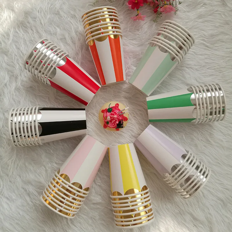 24 шт Позолоченные чашки в полоску Розовый Синий Зеленый бумажный стакан для