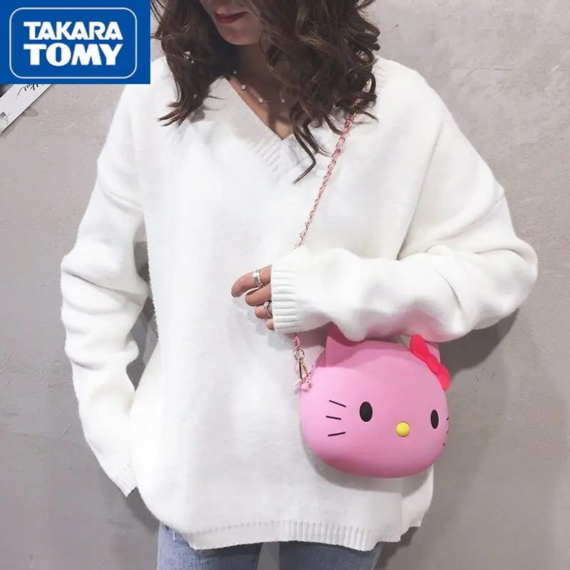 

TAKARA TOMY cute cartoon Hello Kitty creative silicone chain small bag girl small round bag shoulder messenger storage bag