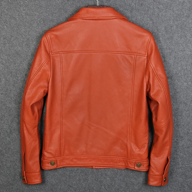 

Nice Shipping Orange Man Genuine Leather Jackets Pop Arrival Cow Skin Casual Genuine Leather Coat For Man
