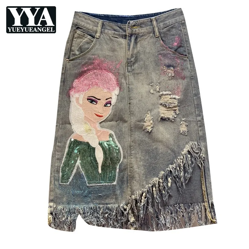 

Beautiful Girl Sequin Denim Skirts Women Frayed Ripped Tassel High Quality Mid Long Jeans Skirt Female 2021 Summer Streetwear
