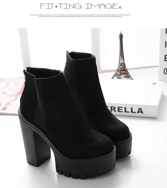 Женские ботильоны из флока черные ботинки на платформе и толстом каблуке молнии