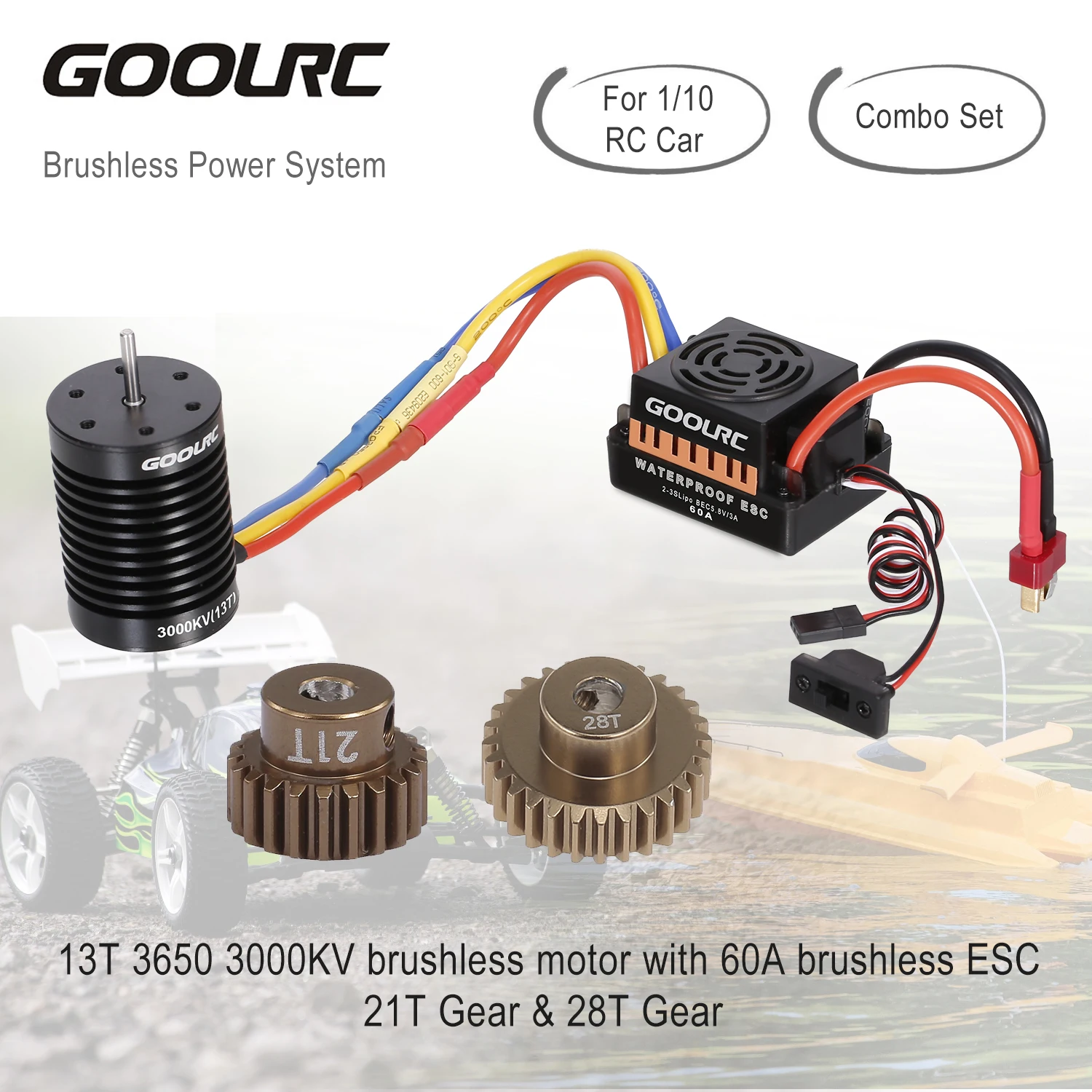 GoolRC 13T Мотор 3650 3000KV бесщеточный двигатель 60A ESC 5 8 V/3A BEC 21T Gear 28T Combo для 1/10 RC Car Crawler