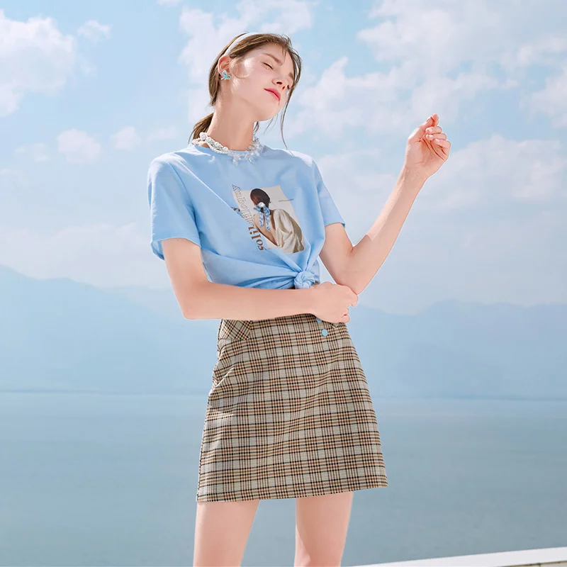 

SHZQ Short Sleeve T-shirt Women's 2021 Summer New Korean Loose and Versatile Printed Letter Design Blue Top