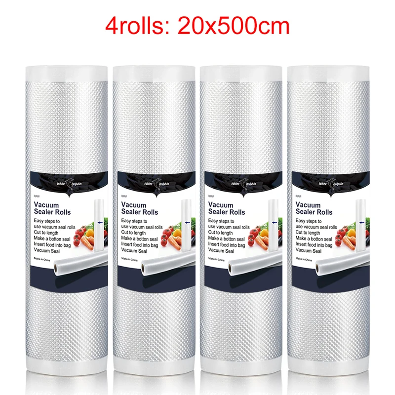 4Rolls 20x500cm Белый дельфин 4 рулона вакуумные пакеты для упаковка для хранения продуктов бытовой лучший пищевой вакуумный упаковщик рулонов 12 15 20 25x500 см - Цвет: 4Rolls 20x500cm