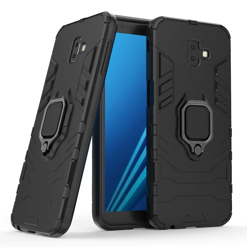 Противоударный чехол для телефона Samsung J6 Plus с металлическим кольцом и подставкой