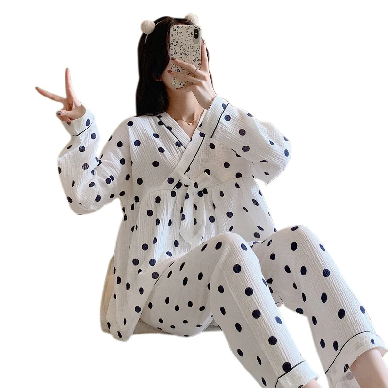 

Dot Printed Gauze Cotton Maternity Nursing Sleepwear Sets Thin Light Loose Feeding Pajamas Suits for Pregnancy Home Nightwear