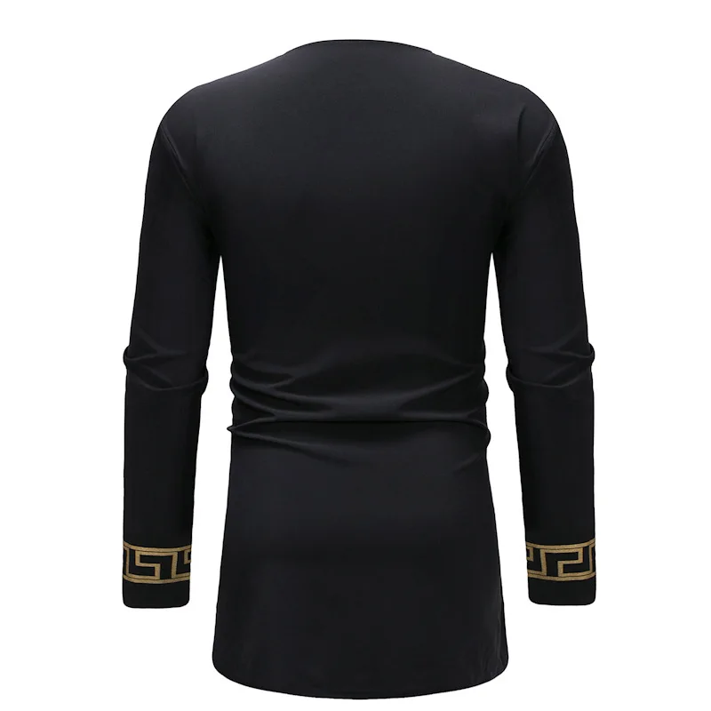 Мужская рубашка с принтом Дашики черного и золотого цвета длинная круглым