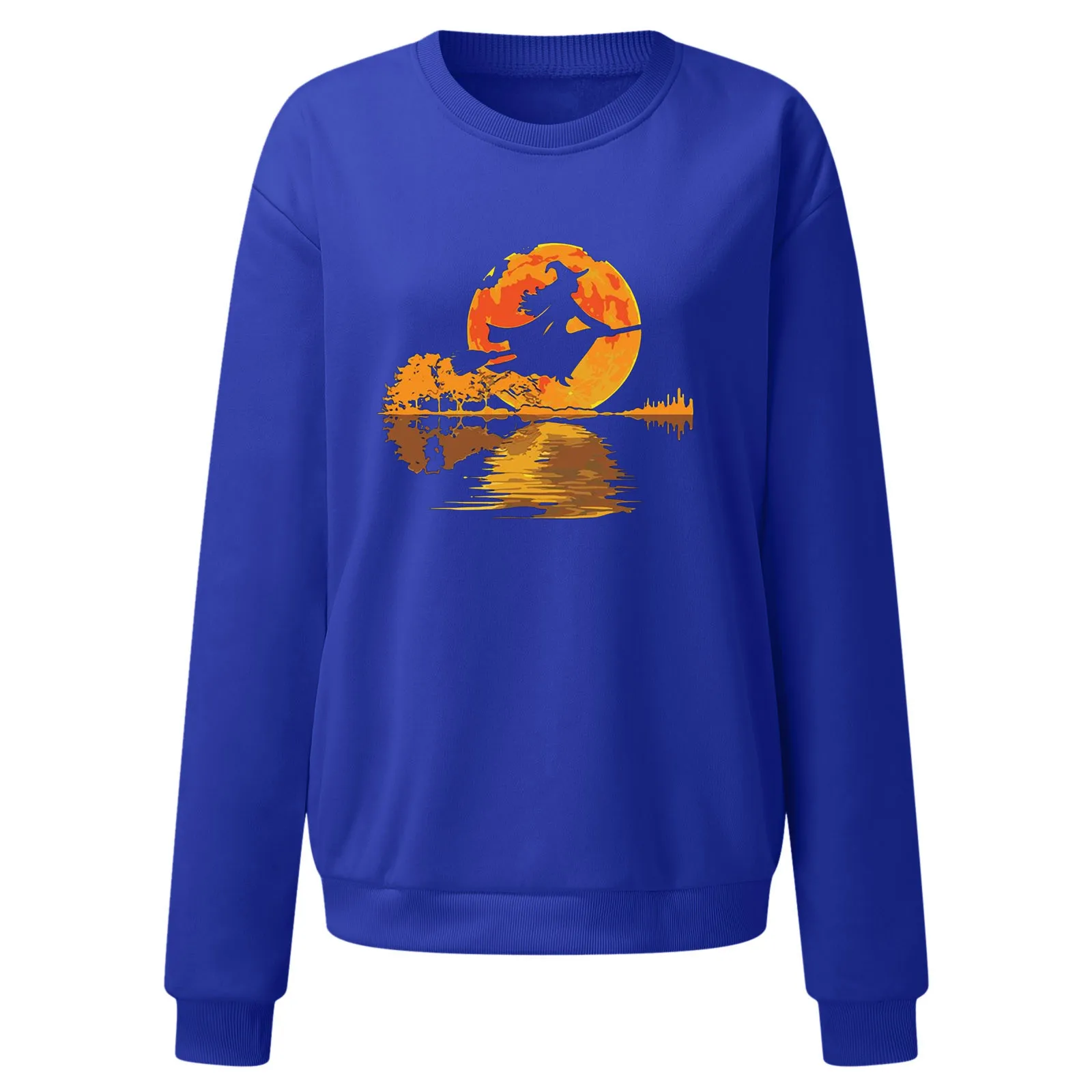 

Women's Halloween Print Long-sleeved Sweatshirt Casual Blouse Pullover A Witch Flying On A Magic Broom Under The Moon