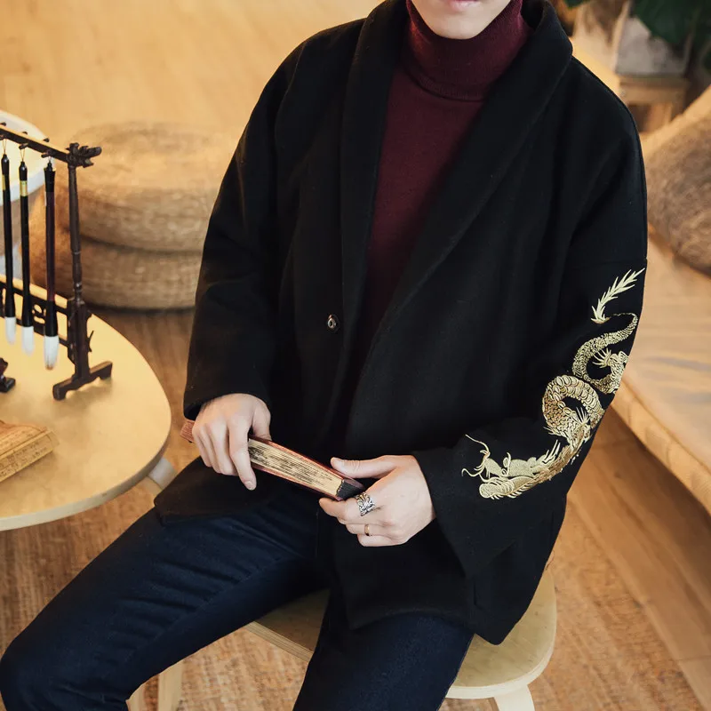 Мужская одежда 2020 японский Золотой Дракон Вышивка Тренч мужской отворот халат