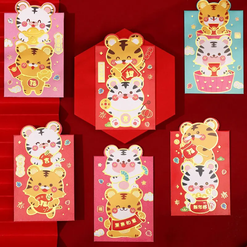 

6 Pcs Tiger Pattern Red Pocket Red Envelope Beautiful Festive Touch Paper Lucky Money Bag for Spring Festival Wedding