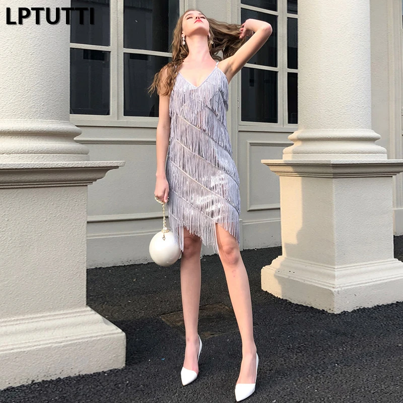 LPTUTTI Новые Сексуальные женские вечерние платья с блестками и кисточками, большие размеры