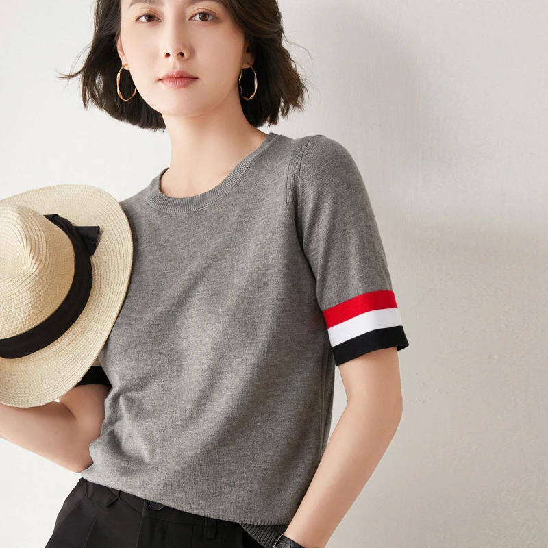

2021 new tb brand knitted cotton t-shirt ladies short-sleeved casual solid color striped summer o-neck pullover cotton shirt