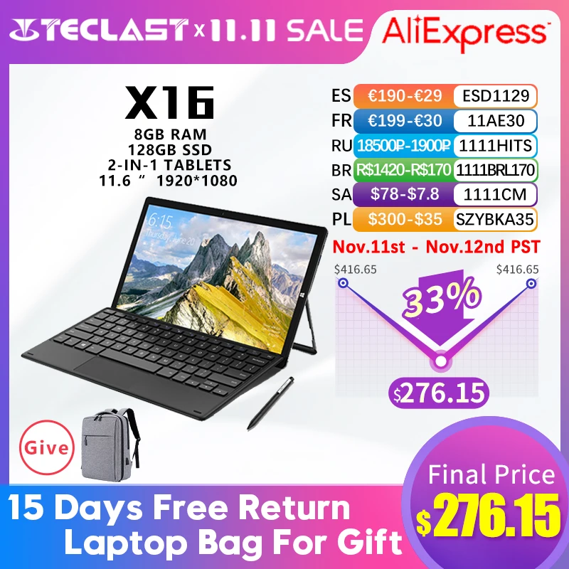 

Teclast X16 11.6 inch 2 in 1 Tablet 1920×1080 Windows 10 6GB RAM 128GB SSD Dual Core Tablets PC Intel Gemini Lake N4020 USB3.0