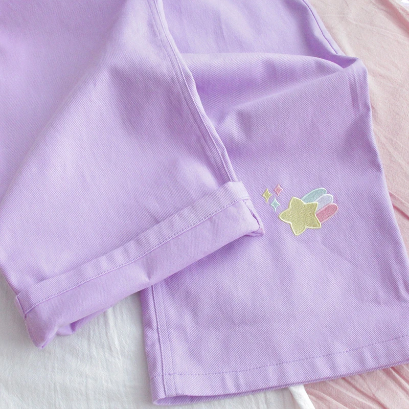 

Cartoon Embroidery Denim Pants Women Japanese High Waist Vintage Purple Pants Korean Kawaii Girls Wide Leg Trousers