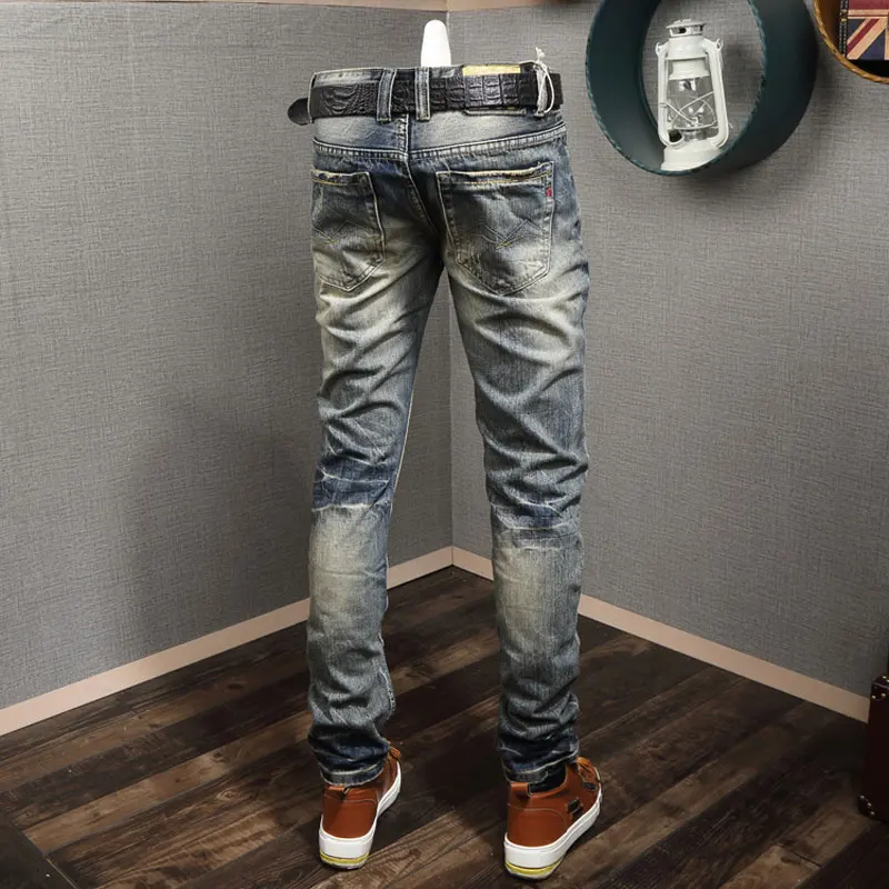Джинсы мужские Узкие рваные модная уличная одежда брюки-багги в стиле ретро