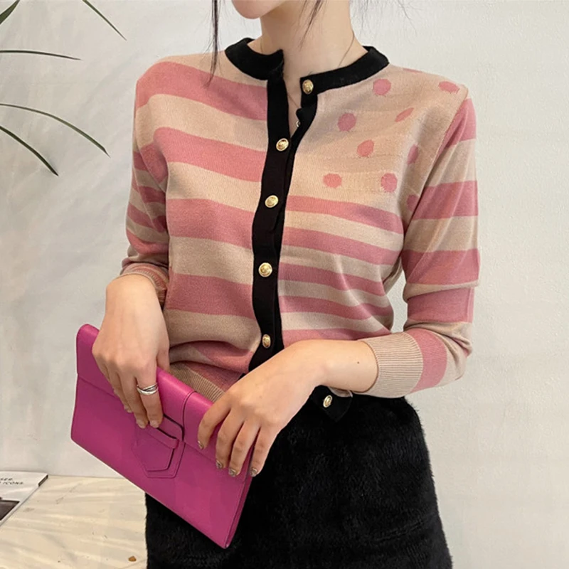 

Elegant Cardigans Girls Sweet Colorblock Striped Dot O-neck Long Sleeve Knitted Tops Spring New Style Korean Chic 2021
