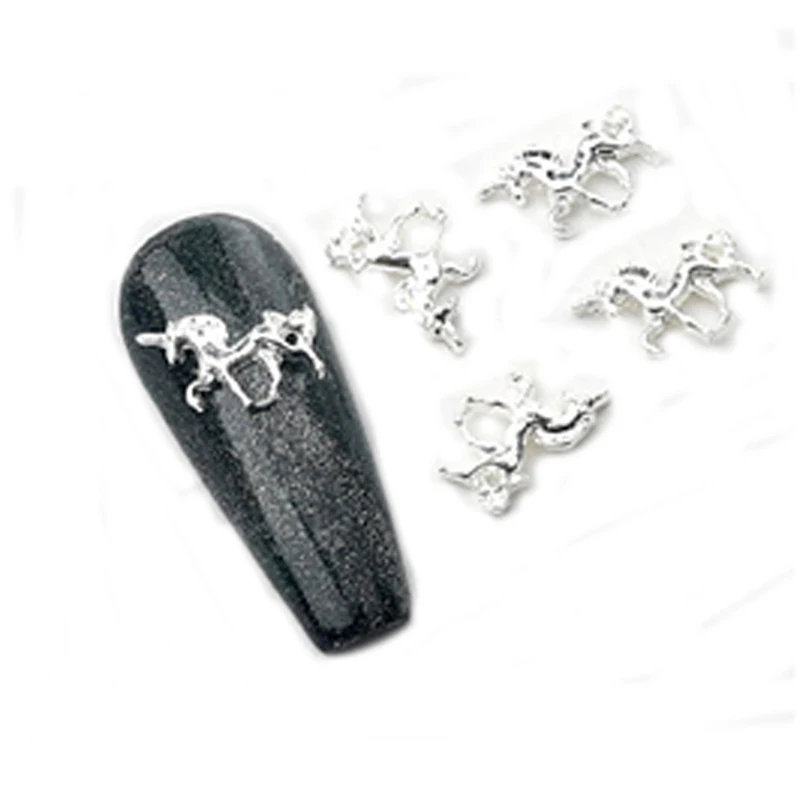 LEAMX 50 шт./пакет нейл арта украшения 3D серебряный единорог Форма блестящие лошадь