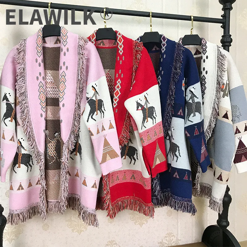 

Autumn Winter Women's Vintage tassels Cashmere cardigans High quality Bohemian Belt knitted coat C894