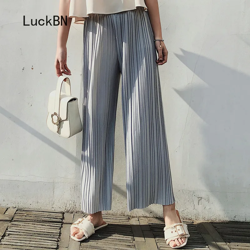 

Women's Ankle Length Trousers Students Chic Loose Korean 2019 Spring Summer Pants New High Waist Pleated Chiffon Wide Leg Pants