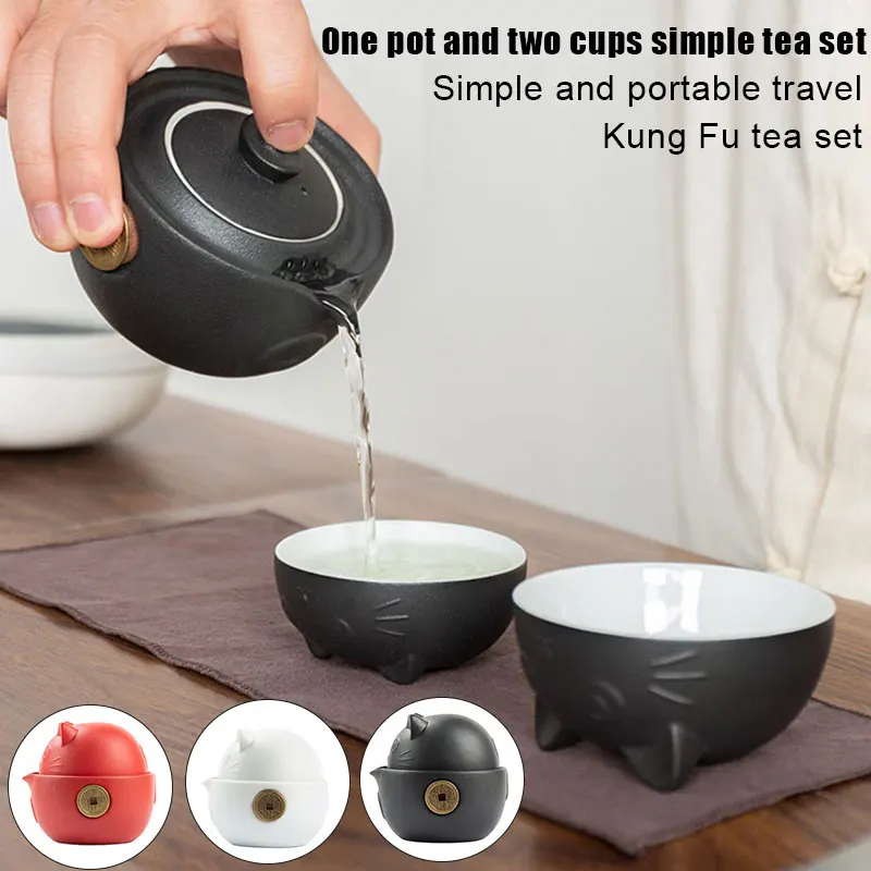 

Дорожный портативный керамический чайный набор серии Cat с чайником, чайные чашки, дорожная сумка для офиса, дома, путешествий LKS99