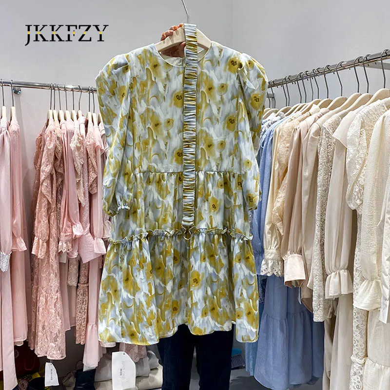 

Summer 2021 new Women's dress ladies Retro Round neck Puff sleeve Floral Chiffon dress printing