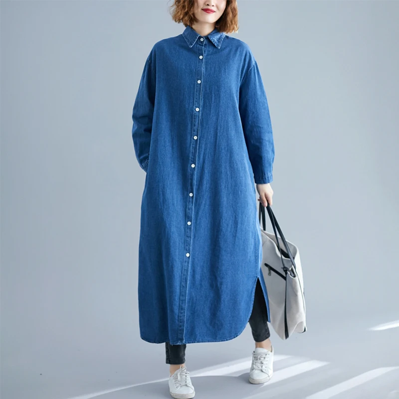 Женское длинное джинсовое платье рубашка повседневное свободное макси с длинным