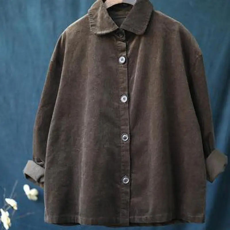 Женское винтажное пальто Johnature однотонное короткое вельветовое с отложным