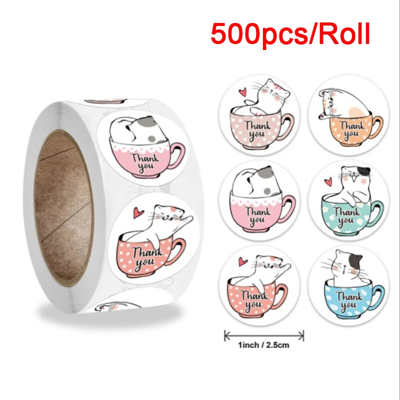 

500 Pcs Round Kawaii Cat Thank You Stickers For Handmade Gift Decoration Labels Kids Reward Sealing Sticker Stationery
