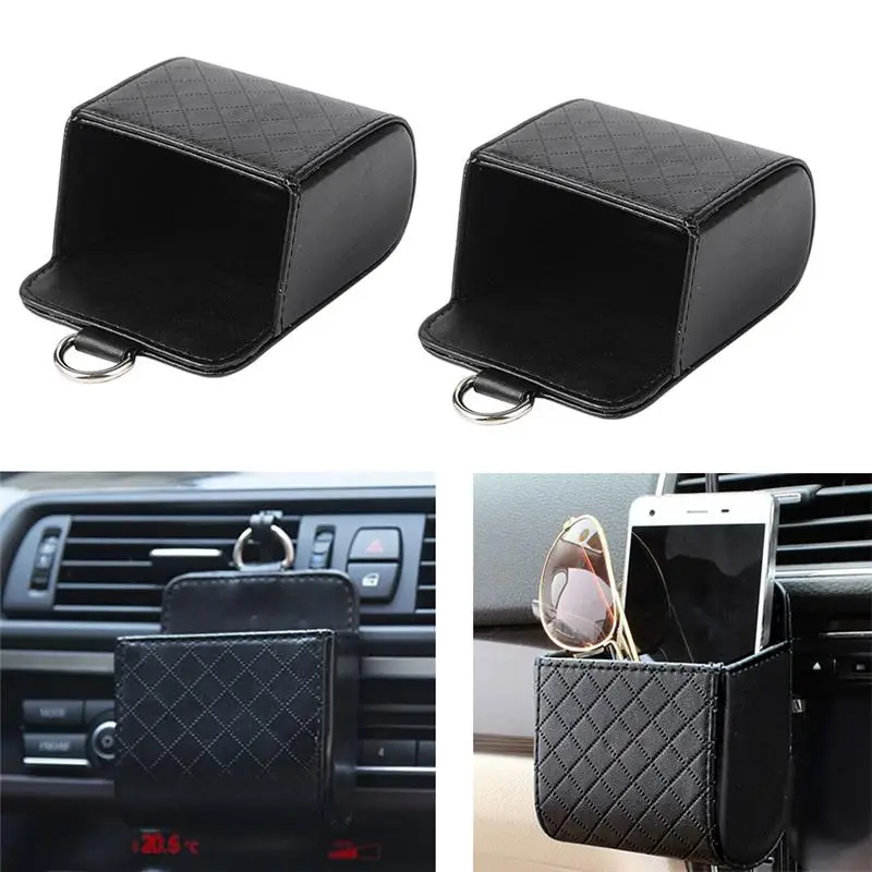 

1pc Black Classic Business Car Accessories Pu Leather Pouch Bag Mobile Phone Storage Bags Sundries Bag Automobile Outlet Air Ven