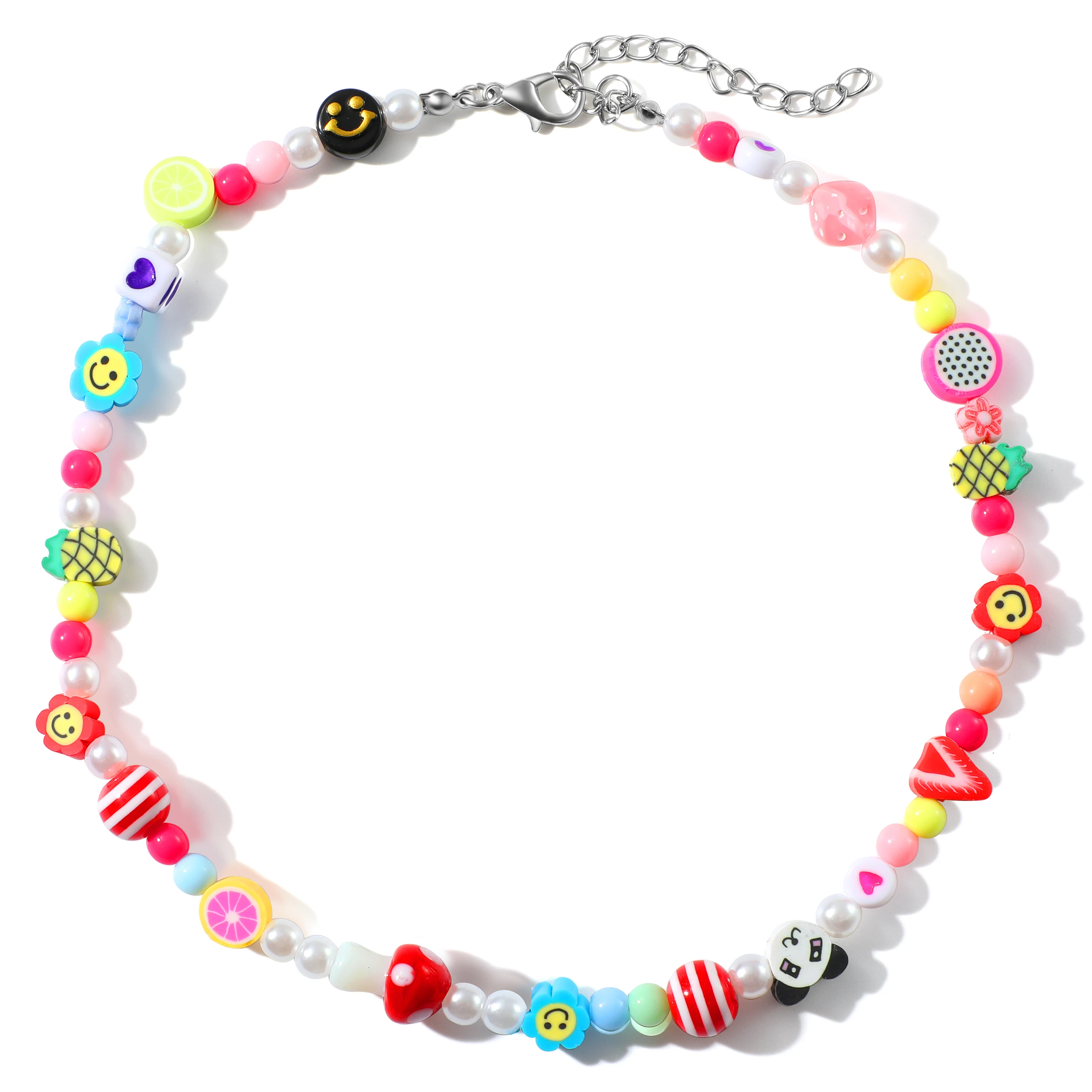 

2021 New Fashion Kpop Summer Sea Bead Pearl Choker Necklace Cute Double Layer Soft Clay Fruit Chain For Women Jewelry Girl Gift