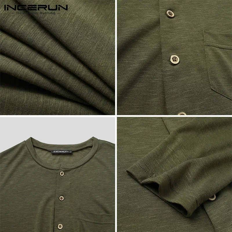 Man Fashion Buttons Shorts Jumpsuit Homewear INCERUN Mens Leisure Pajamas Onesies Long Sleeve O Neck Solid Rompers Sleepwear 5XL