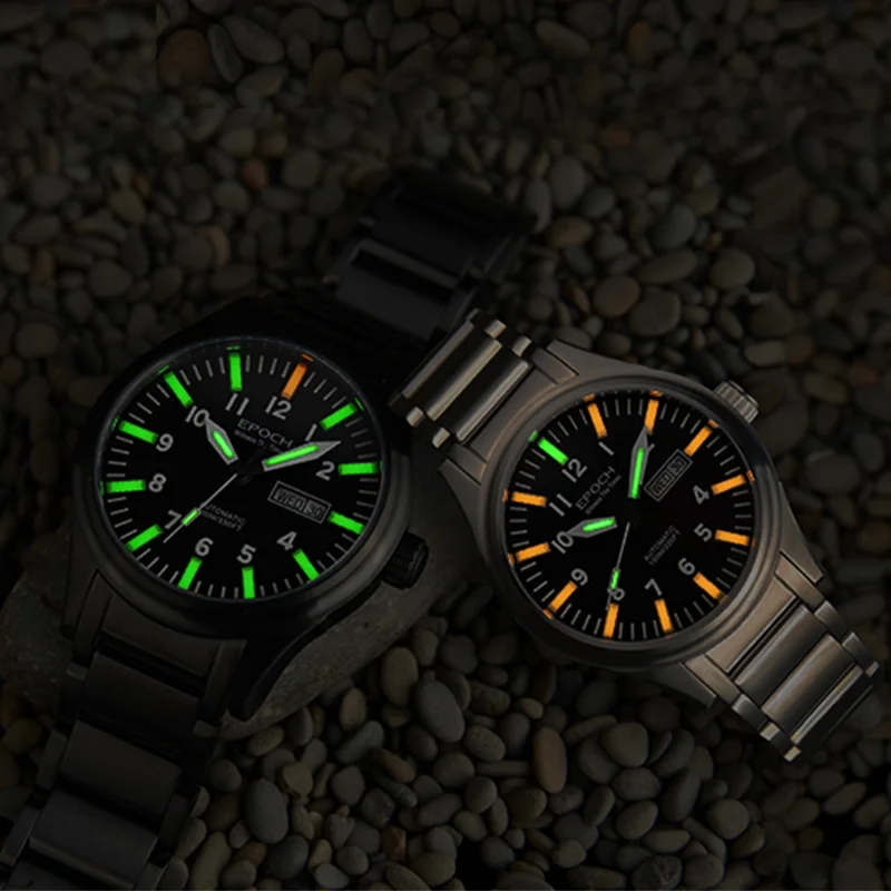 Дешево Часы EPOCH Tritium T100, Радужный светильник, Мужские автоматические механические часы, Япония, топ, движение, мужские часы T 21Jewels Sapphire WR100M, военные ч...