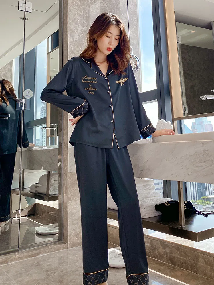 

Pajamas women's 2021 new long sleeve ice silk spring and autumn wear home clothes women's spring and summer suits