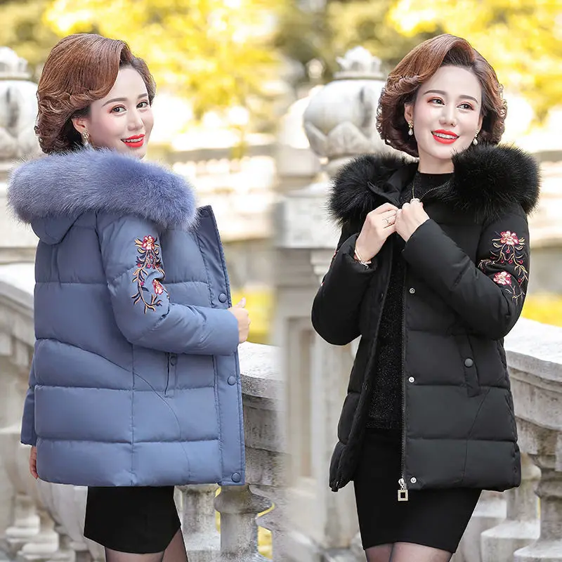 Middle-Aged Elderly Women Cotton Jacket Mother Wears Winter New Down Cotton-Padded Coats Short Embroidered Cotton-Padded Coat