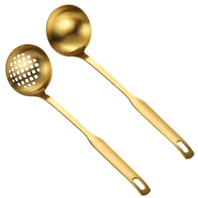 Gold Soup Ladle Colander Set Long Handle Stainless Steel Kitchenware Cookware Serving Spoon for Cooking Utensil(2 PCS) | Дом и сад