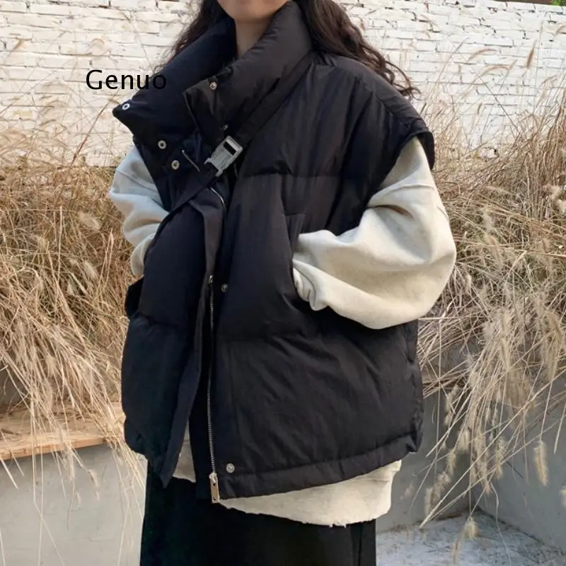 

New Spring Autumn Women Sleeveless Vest Cotton-padded Short Waistcoat Kawaii Outwear Female Beige Black Casual Parka Mujer