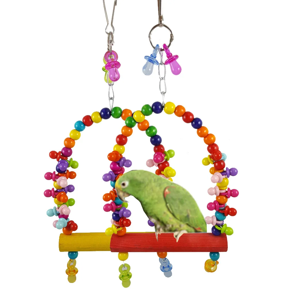 

Natural Wooden Parrots Swing Toy Birds Perch Hanging Swings Cage Color Beads Bells Plastic Pacifier Toys Bird Supplies