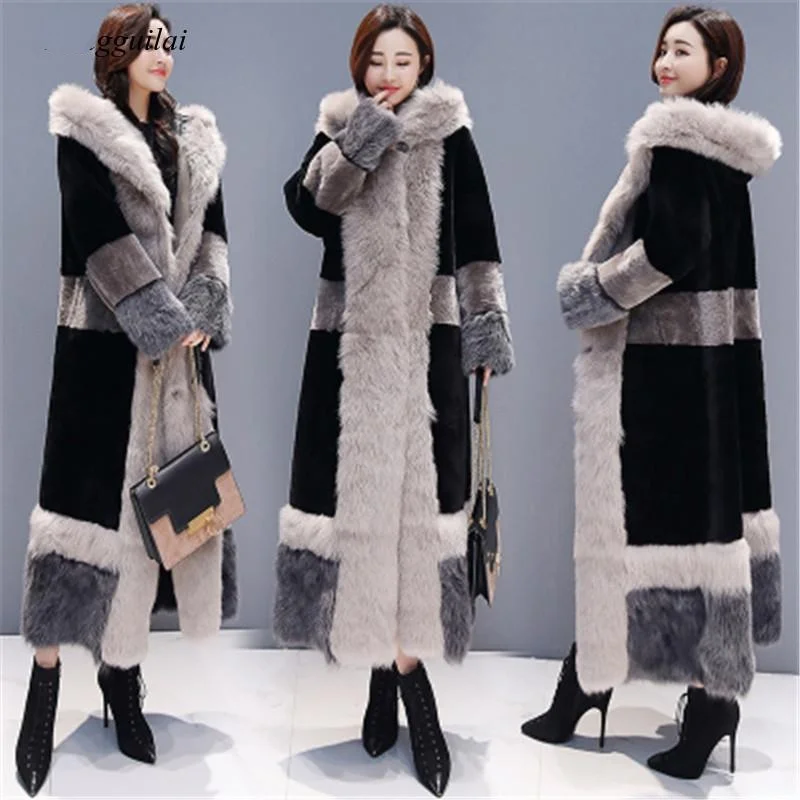 2021 Women Lambswool OverCoat Women's Fur Long Coat Outwear Plus Size Warm Winter Faux Fur Hooded Thickening Coats Jacket