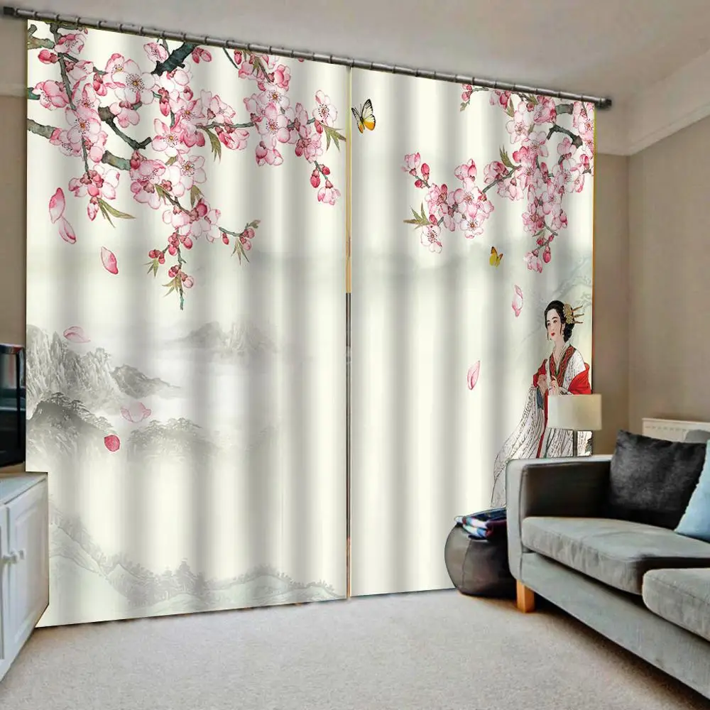 AAncient beauty landscape painting Curtains Plum blossom For Living room bedroom Blackout Window Drapes Sets 2 Panels With Hooks | Дом и сад