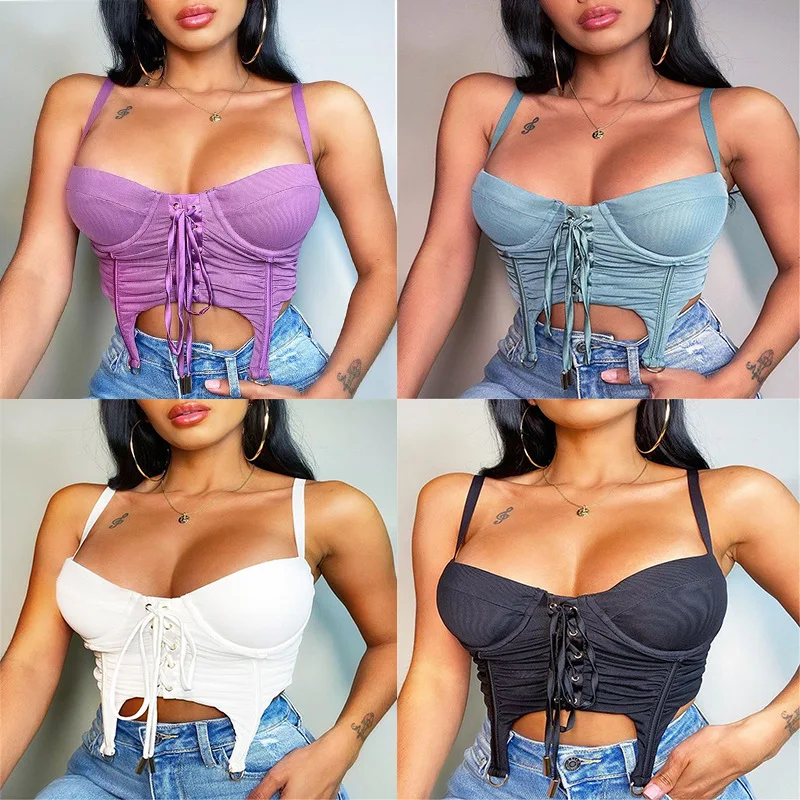

Women Strapless Sexy Sleeveless Bodycon Bandage Crop Top Ladies Solid Party Pleat Tank Tops