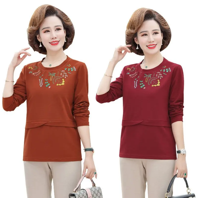 

Plus Size Women's Long-sleeved printing T-shirt Women Loose 2021 Spring And Autumn New Mother's Bottoming Shirt Top