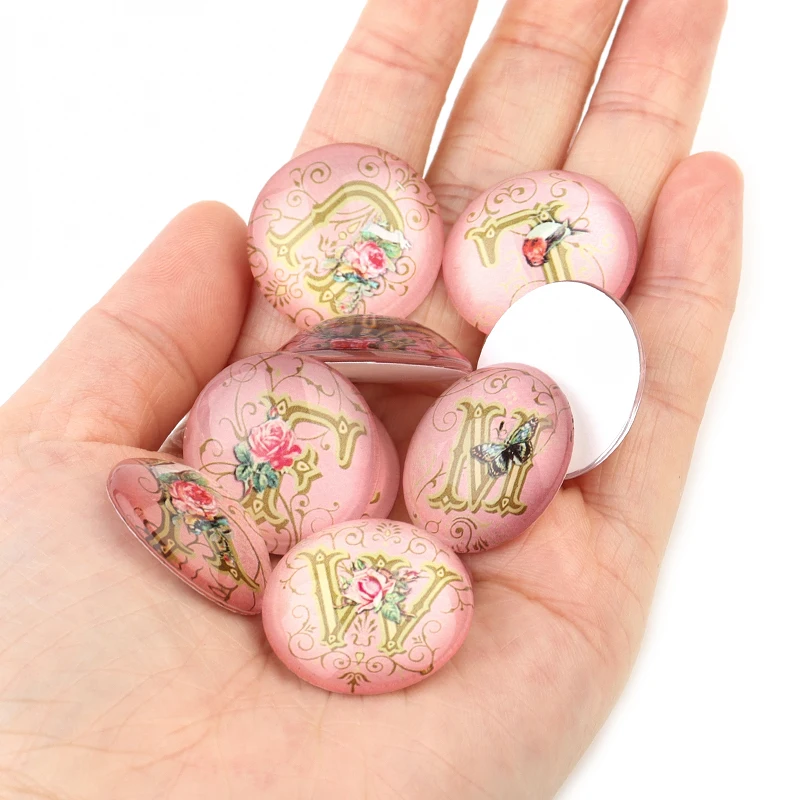 

Fashion 26 Alphabet Pink Color Mixed 10/12/14/18/20/25mm Round Photo Glass Cabochon Demo Flat Back DIY Jewelry Making Findings