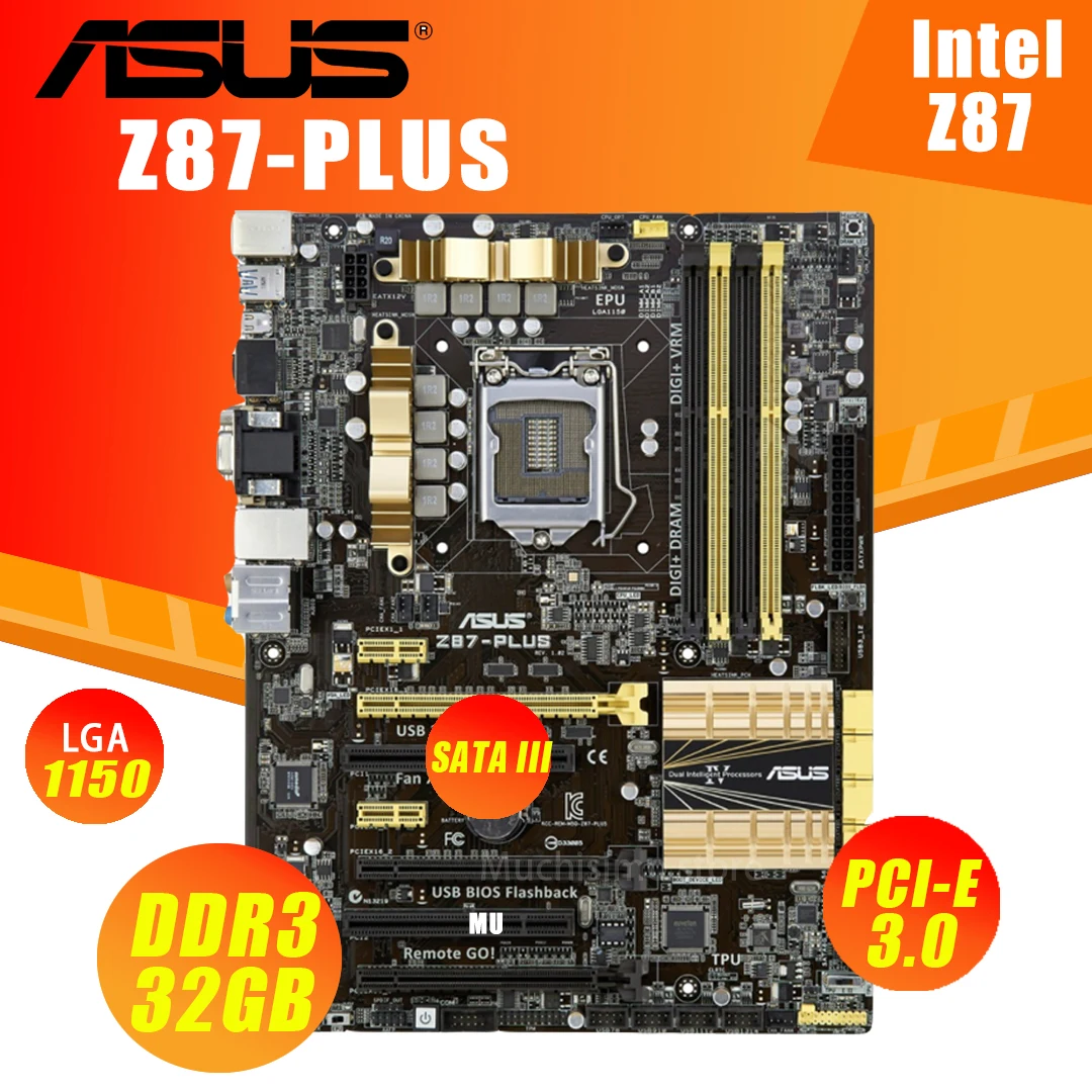 

Материнская плата ASUS Z87-PLUS LGA 1150 Core i7/i5/i3 32 ГБ DDR3 SATA III VGA DVI настольный компьютер Z87 материнская плата 1150 ATX USB3.0