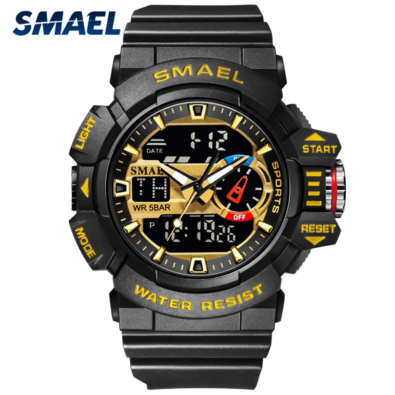 

Мужские спортивные электронные аналоговые цифровые часы SMAEL, многофункциональные водонепроницаемые уличные часы с двойным дисплеем и боль...